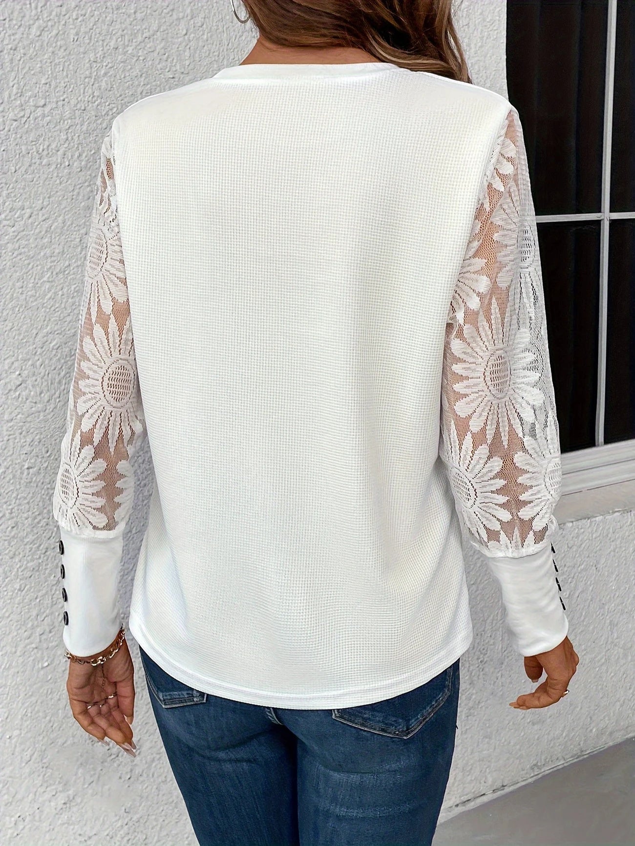 White Lace Floral Long Sleeve Top - Buttoned Cuffs Polyester Blouse