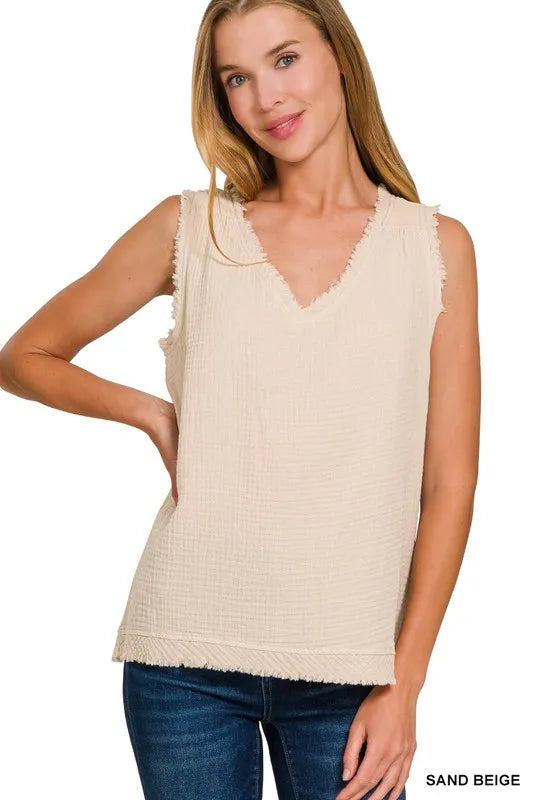 Zenana Double Gauze Raw Edge V-Neck Tank