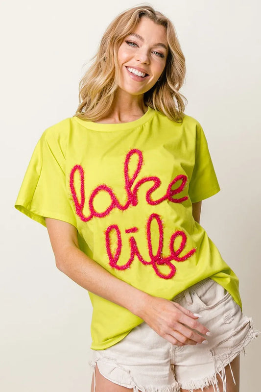 BiBi Metallic Letter Short Dolman Sleeve Top