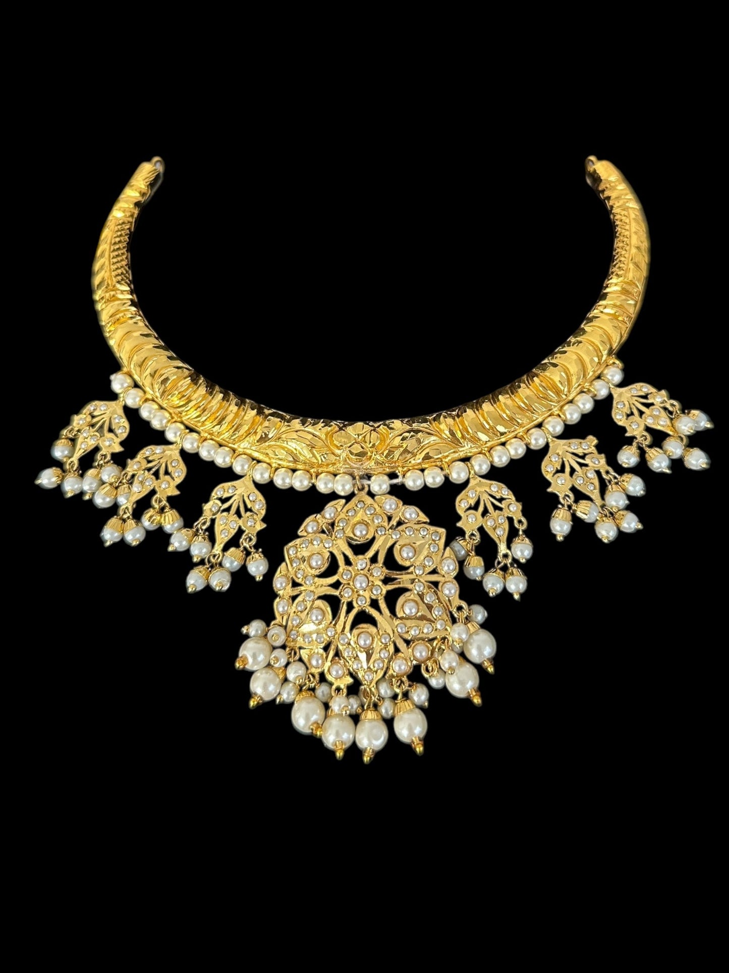 DNS189 Gold-Plated jadau Floral Hasli Necklace with jhumka earrings tika – Handcrafted Traditional Set ( READY TO SHIP )