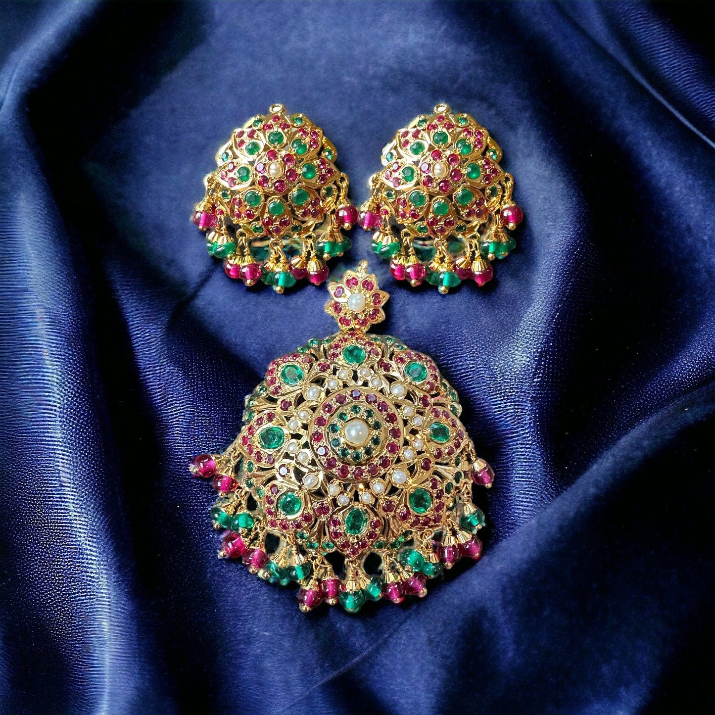 Gold plated jadau silver pendant set in ruby emeralds ( READY TO SHIP )