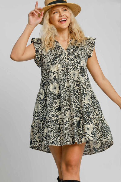 Umgee Full Size Printed Ruffle Cap Sleeve Babydoll Dress Plus Size #2