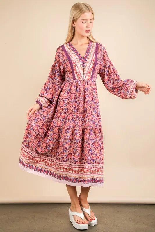 VERY J Floral Printed Boho V-Neck Balloon Sleeve Dress