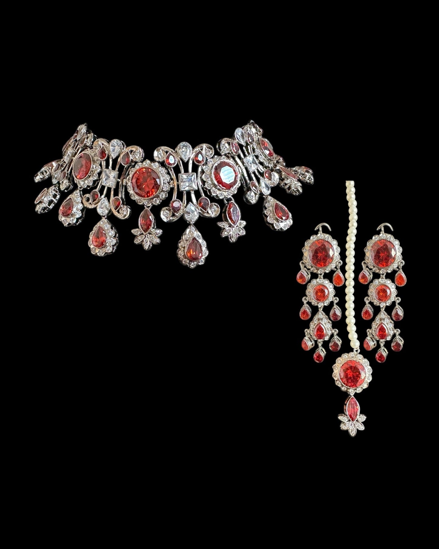 BR485 High quality cz necklace set with tika - coral / orange , silver plated ( READY TO SHIP )