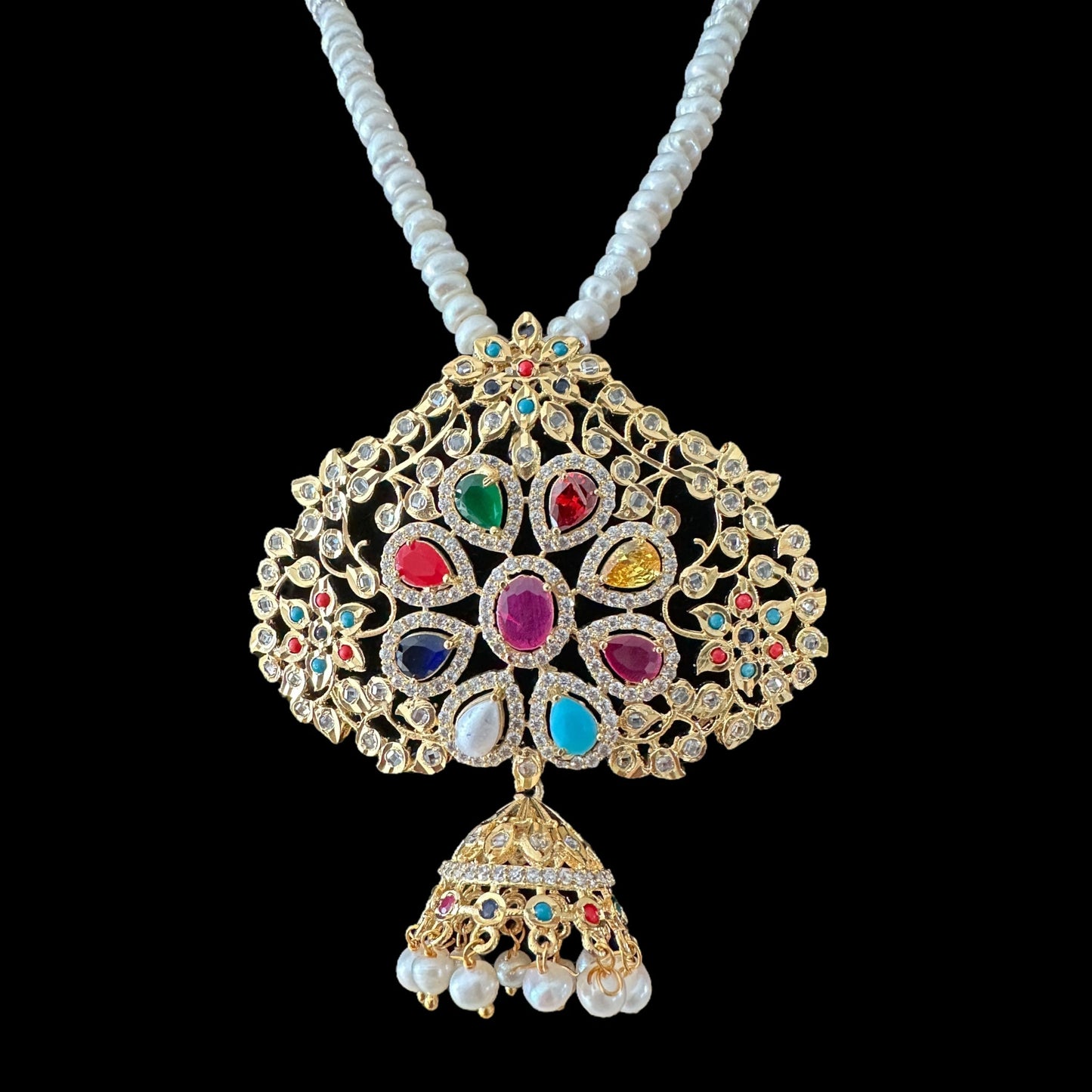PS316 fresh water pearl pendant set in navratan ( READY TO SHIP )
