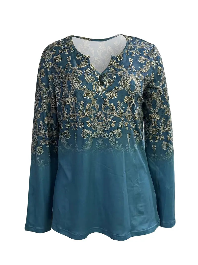 Women's Boho Vintage Print Long Sleeve Tee - Teal V-Neck Top