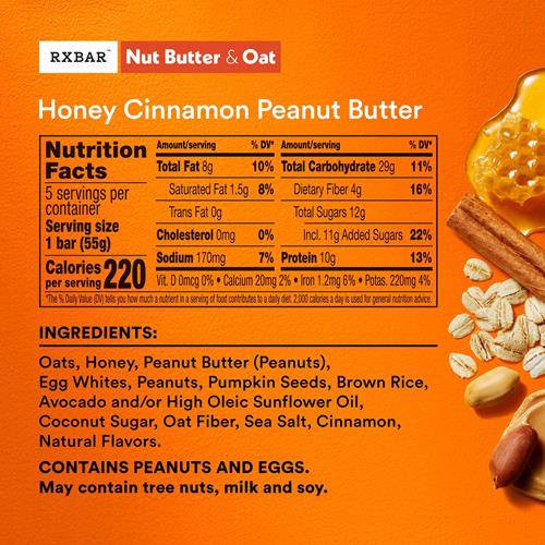 Rxbar Nut Butter And Oat Protein Bars, Protein Snacks, Snack Bars, Honey Cinnamon Peanut Butter, 9.7Oz Box (5 Bars)