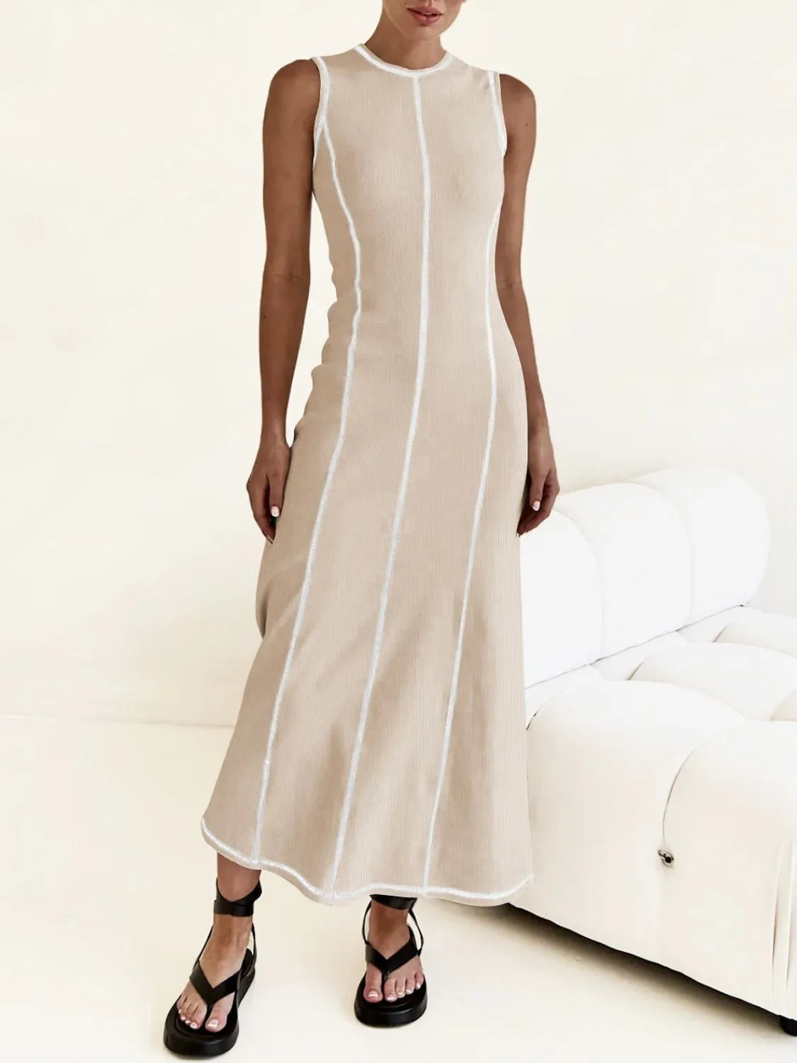 Contrast Stitching Round Neck Sleeveless Midi Dress