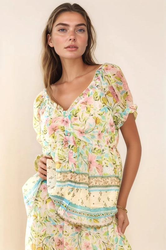 Davi & Dani Spring Floral Border Print Ruffled Textured Top