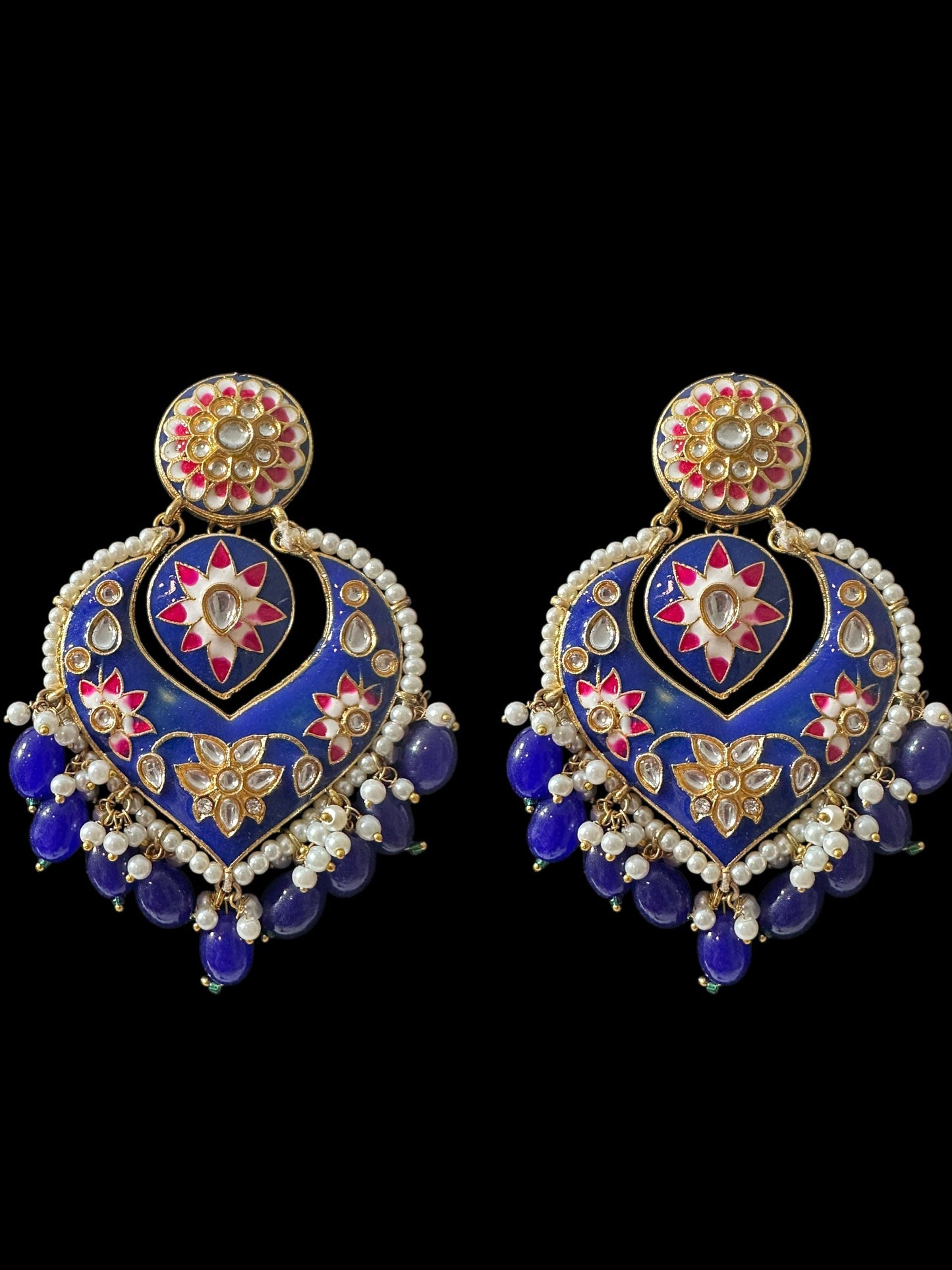 DER797 large sized kundan earrings - royal blue ( READY TO SHIP )