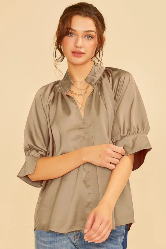 Annie Wear Satin V Neck Open Short Sleeve Woven Blouse Top