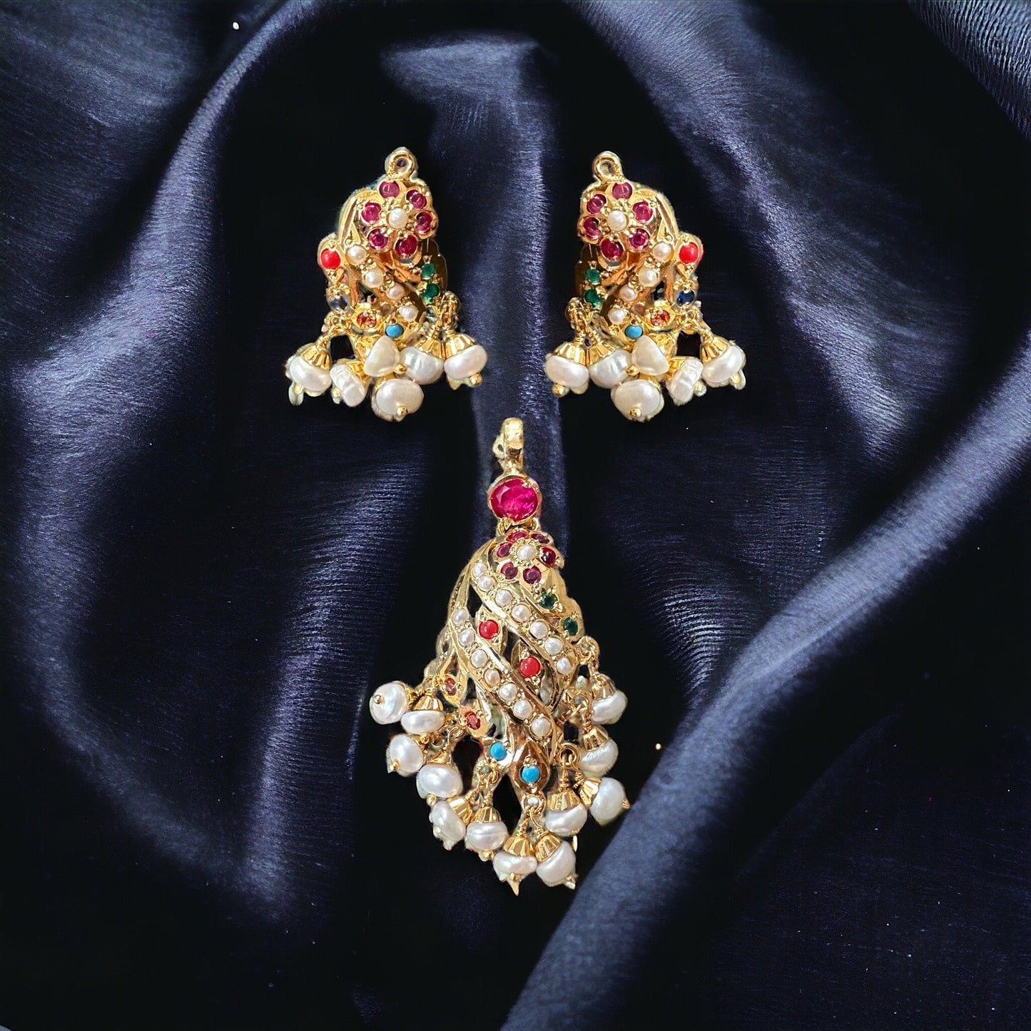 Gold plated jadau silver pendant set in navratan ( SHIPS IN 4 WEEKS )