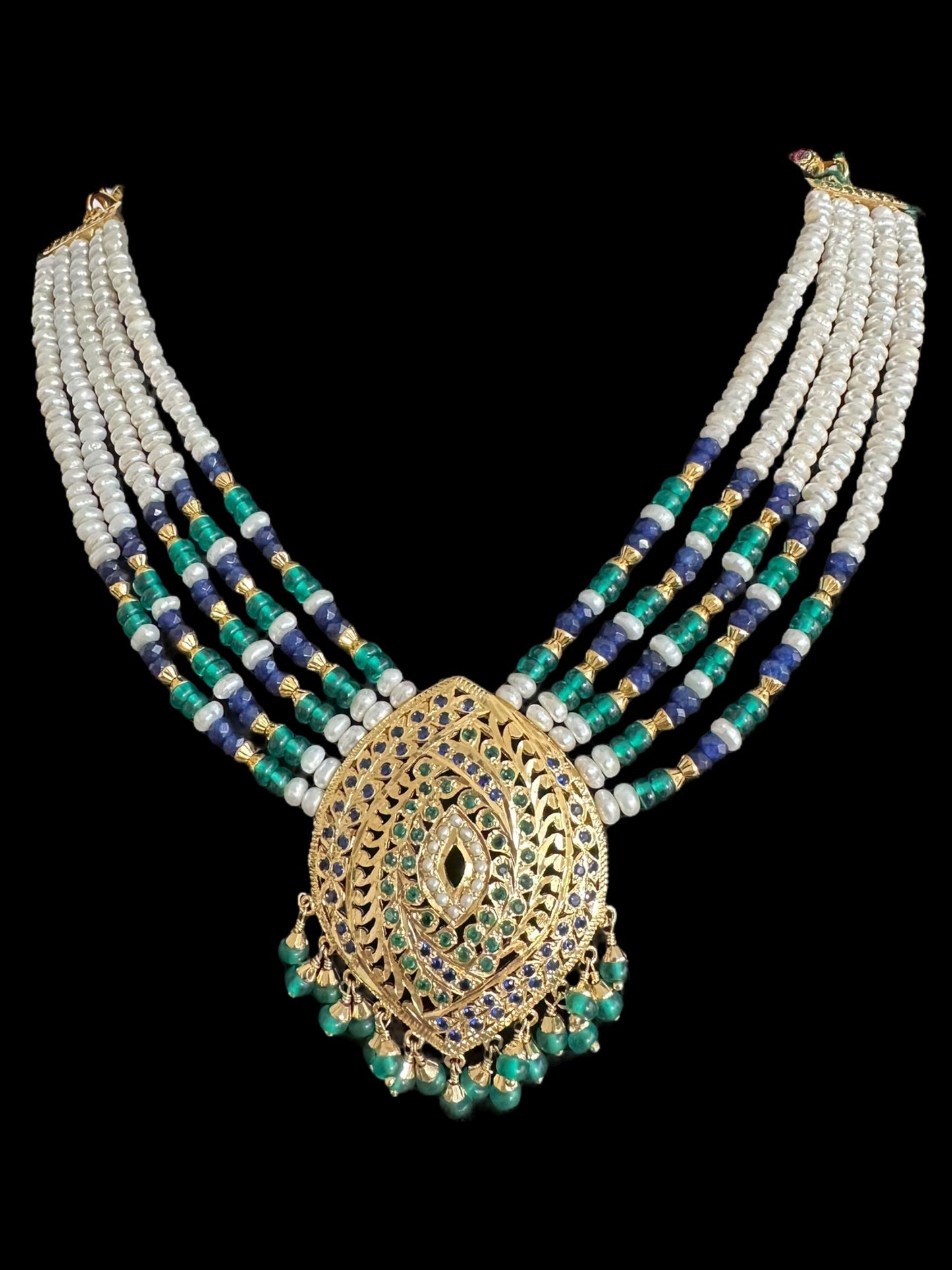 Emerlad sapphire pearl jadau silver necklace set with gold plating ( READY TO SHIP )