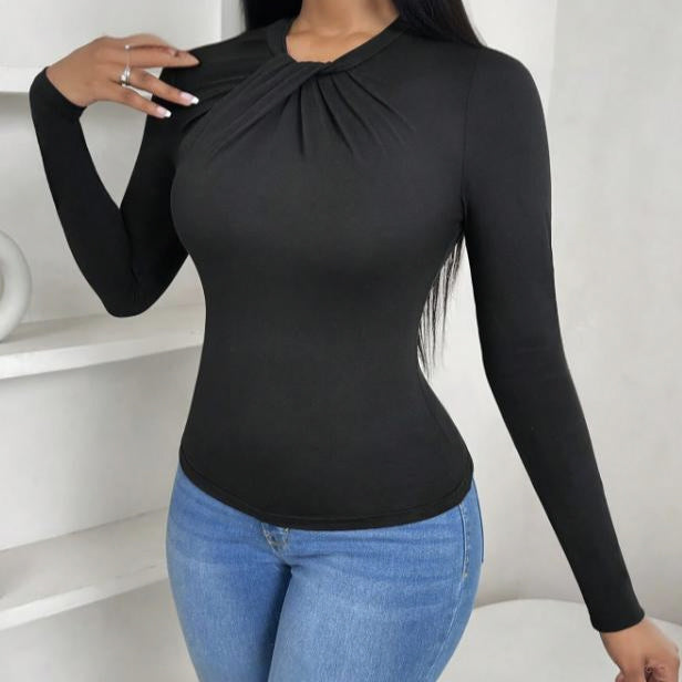 Lightweight Polyester Pleated Collar Slim Fit Long Sleeve Top