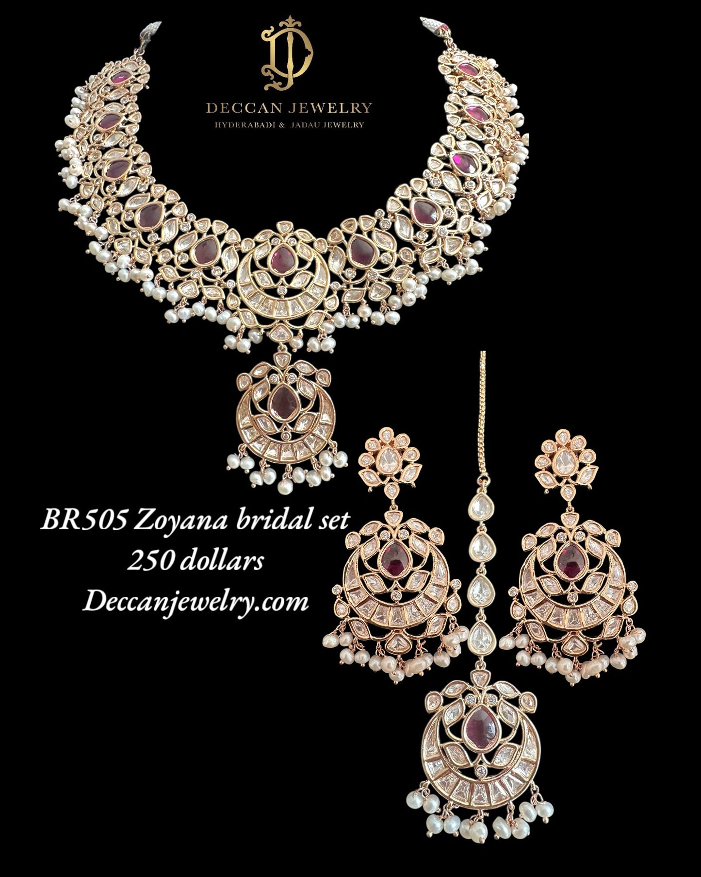 BR505 Zoyana Bridal necklace with earrings tika in fresh water pearls ( READY TO SHIP )