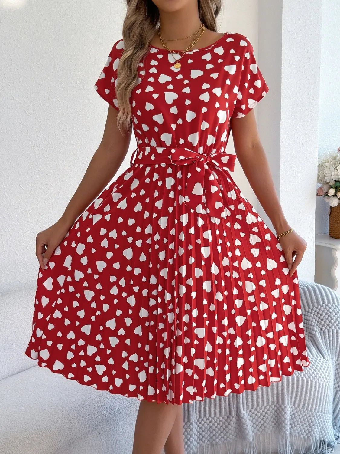 Heart Print Short Sleeve Tie Waist Dress
