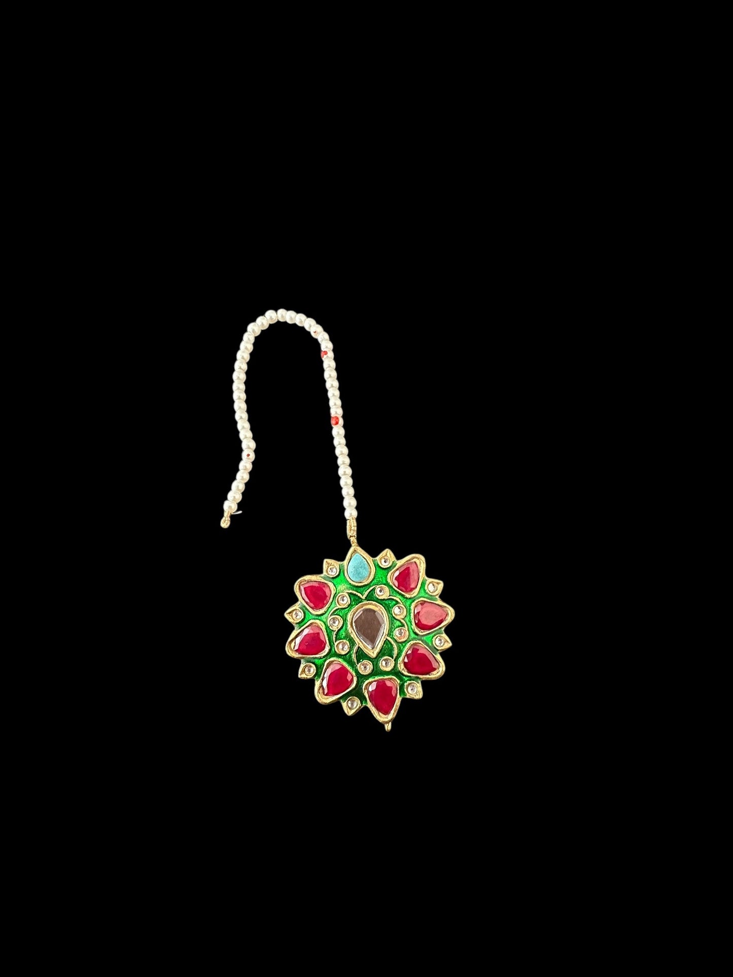DJTK317 Kundan and meenakari large tika - Red green  ( READY TO SHIP )
