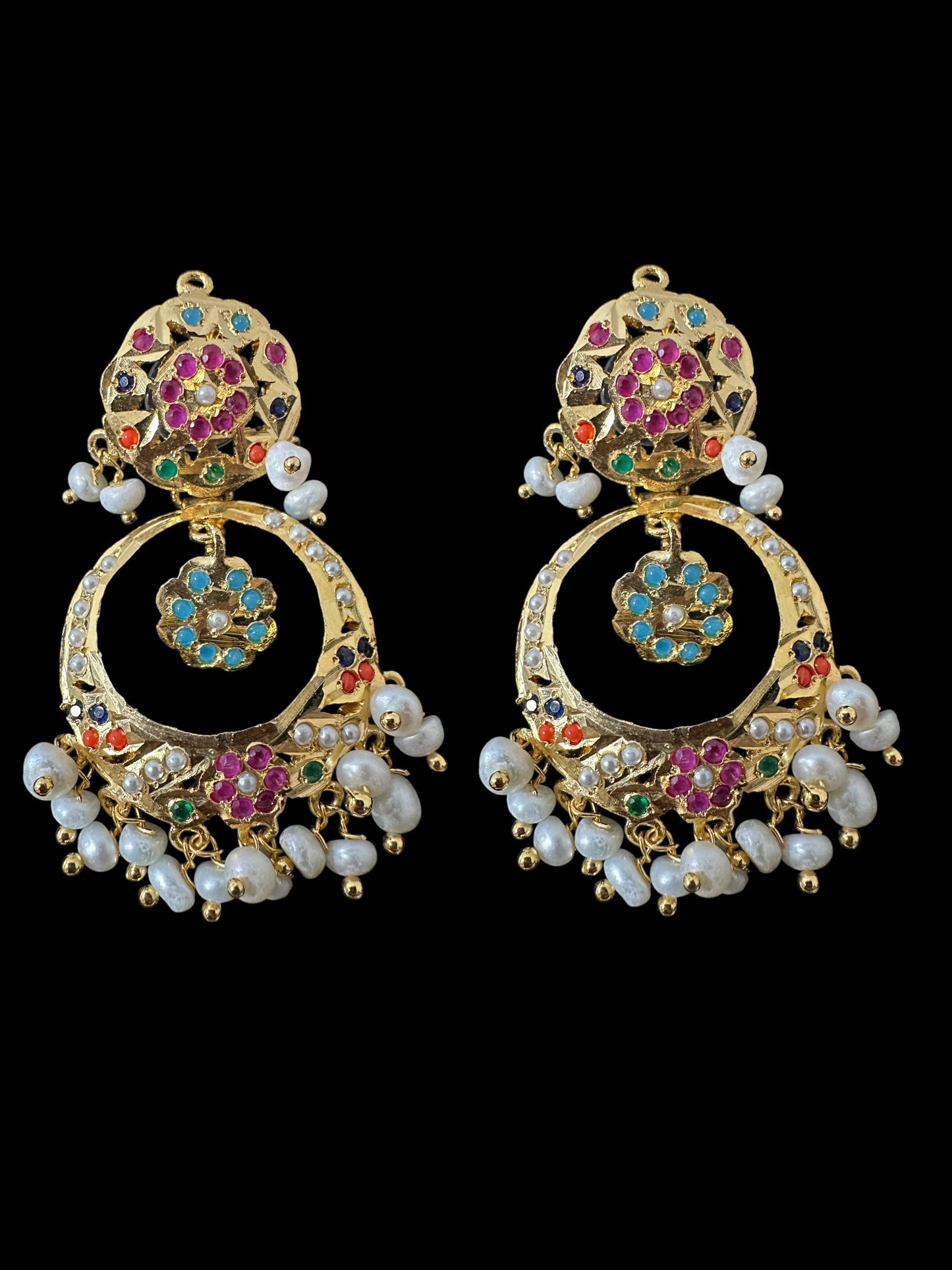 DNS195 Navratan jadau necklace set in fresh water pearls ( READY TO SHIP )