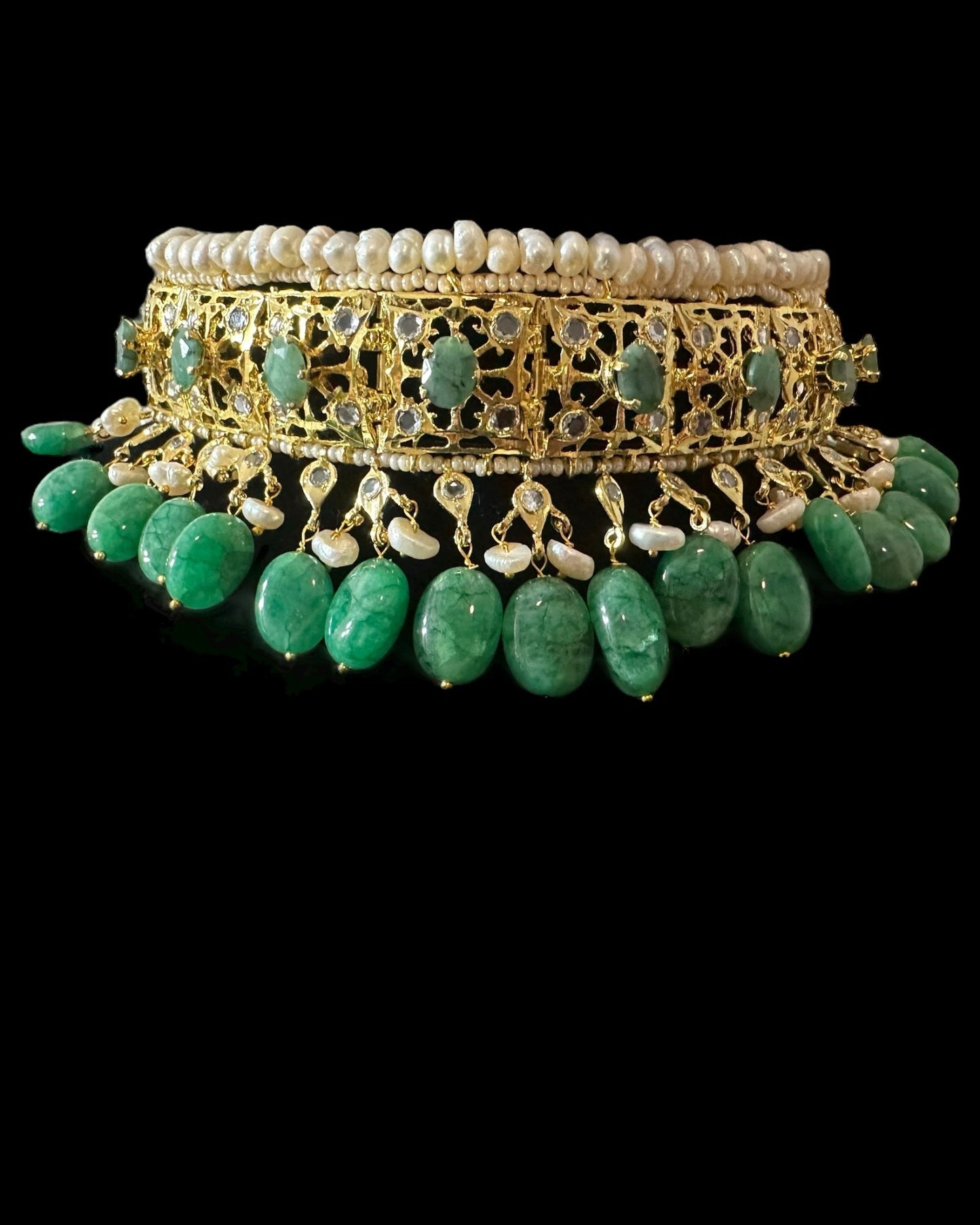 BR482 Insia Hyderabadi bridal set in emeralds with fresh water pearls ( READY TO SHIP )