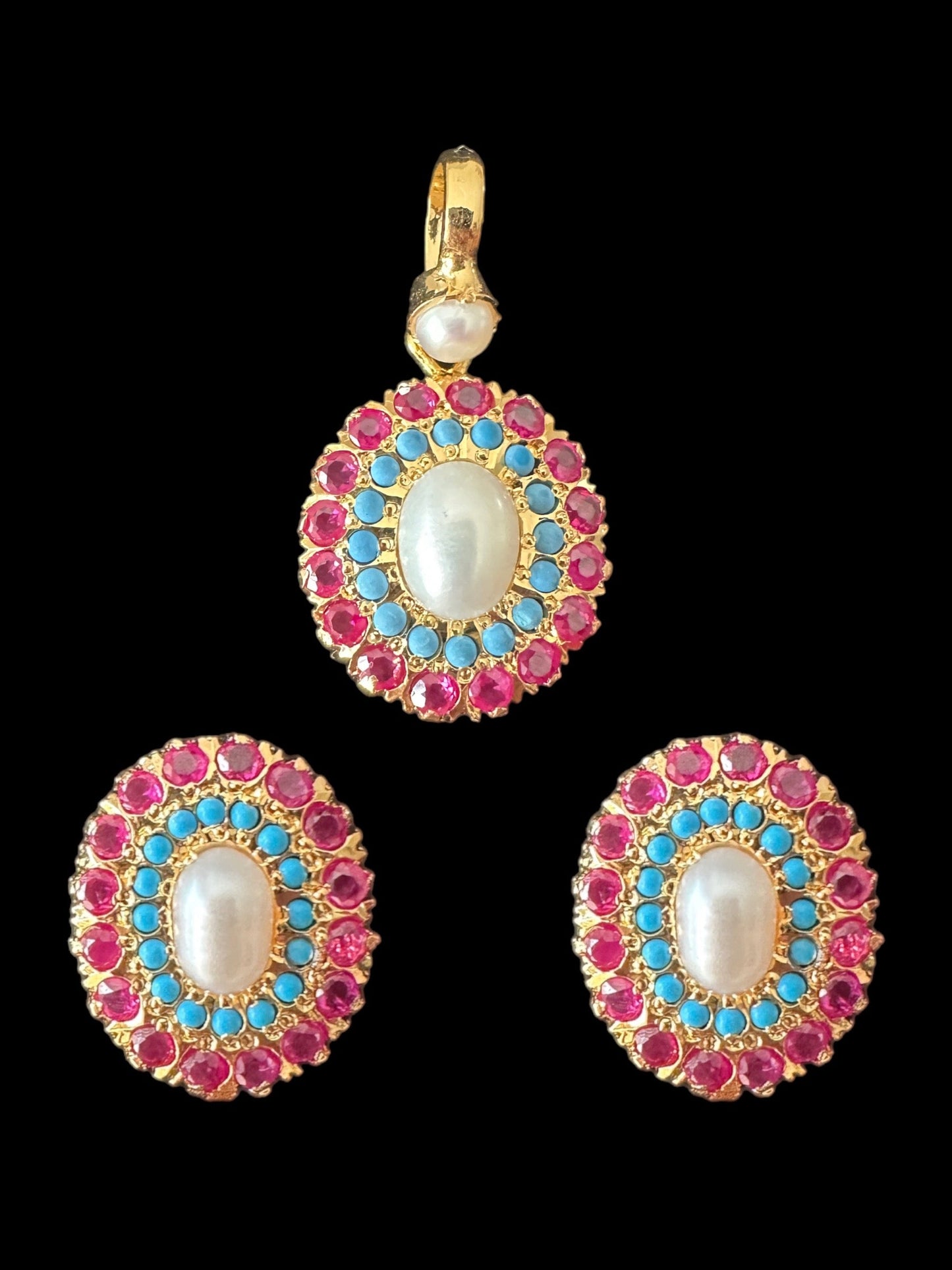 Gold plated jadau silver pendant set in ruby turquoise ( SHIPS IN 4 WEEKS )