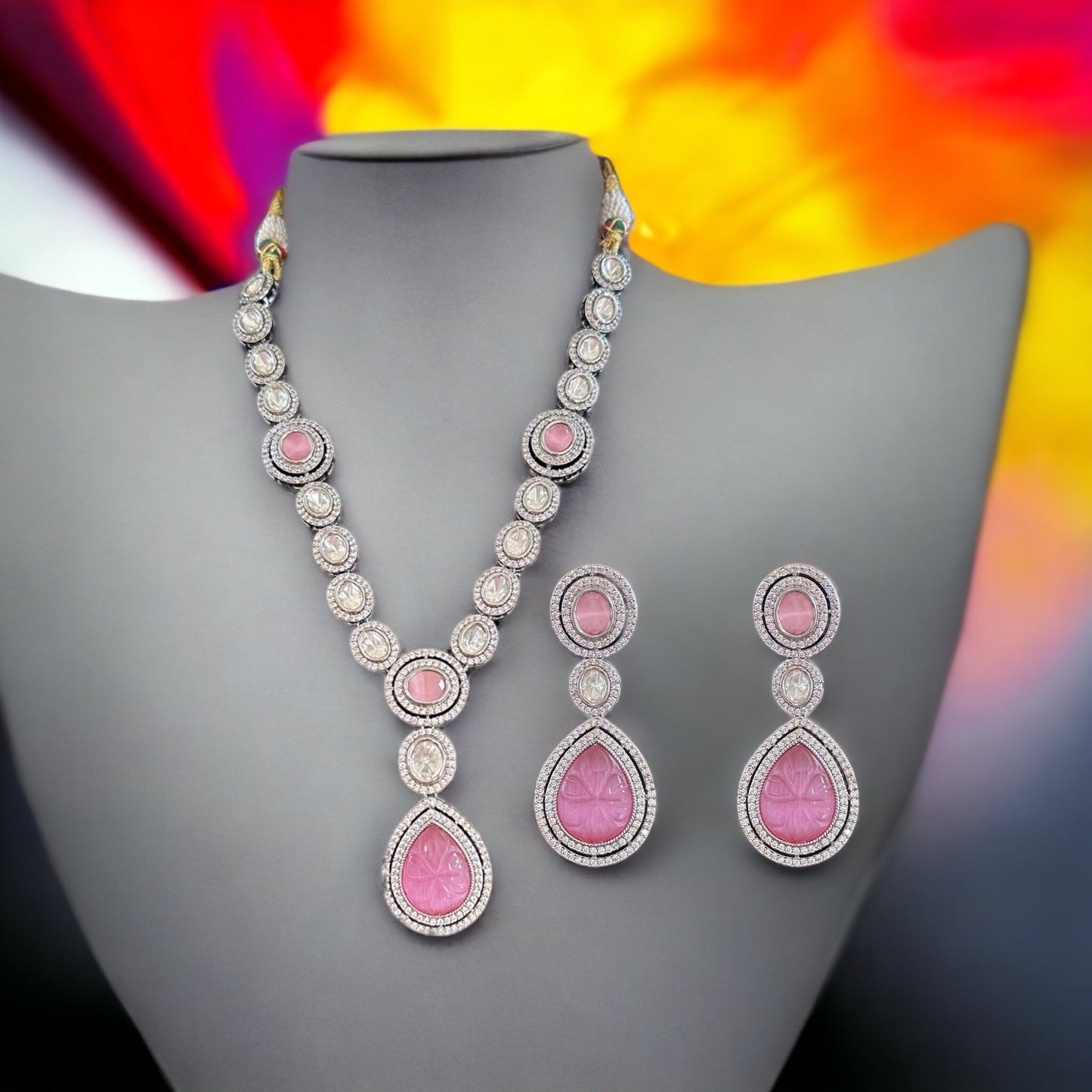 DNS55 Reema high quality Polki necklace set - PINK ( READY TO SHIP )