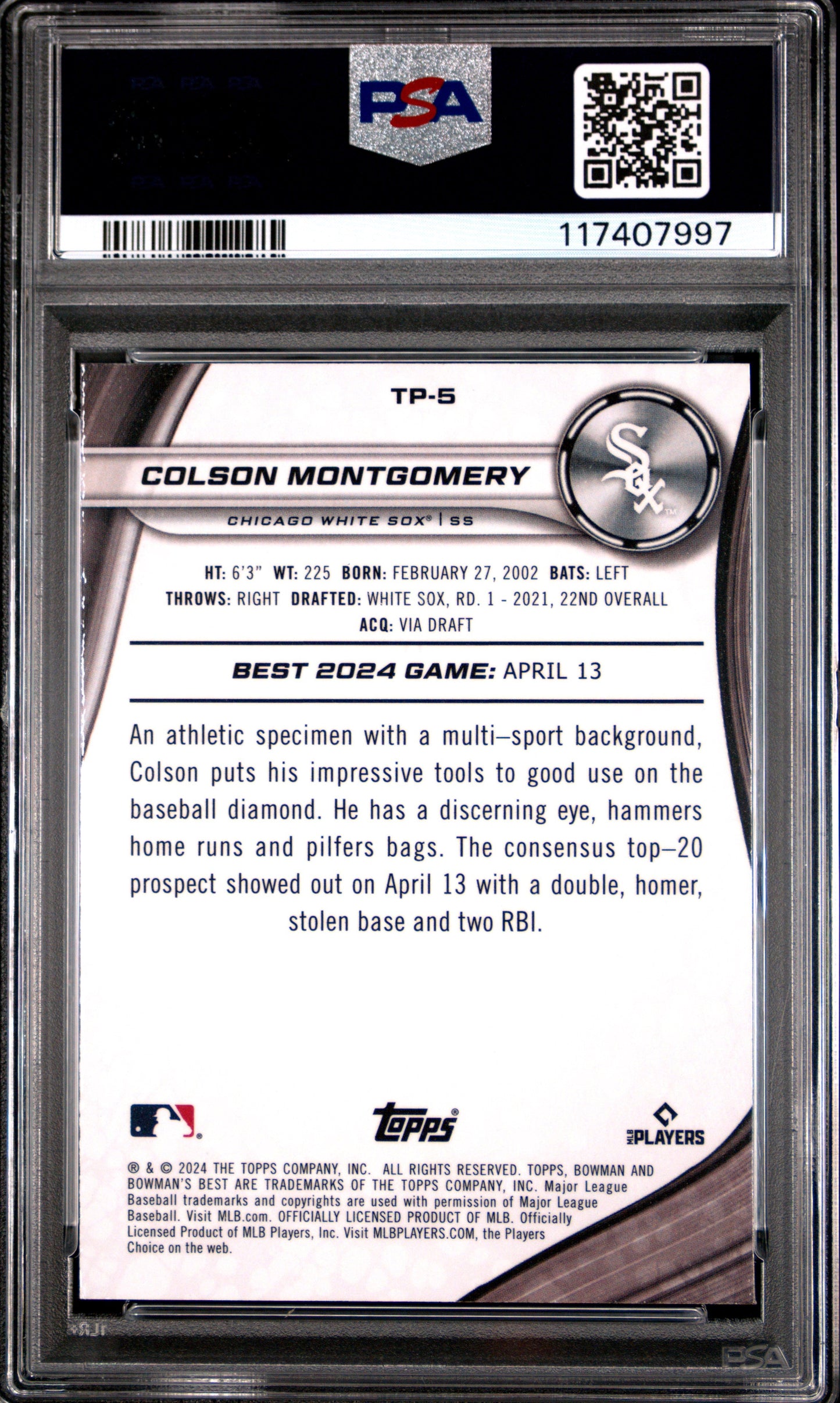 Graded 2024 Topps Bowmans Best Colson Montgomery #TP5 Top Prospects Aqua Lava /199 Rookie RC Baseball Card PSA 10 Gem Mint