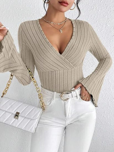 Ribbed Flare Sleeve Top - Sybaritic Boutique