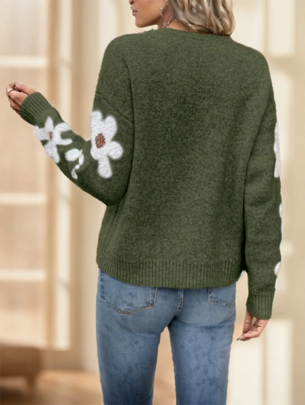 Floral Drop Shoulder Knit Sweater - Blue Daisy Pattern Polyester