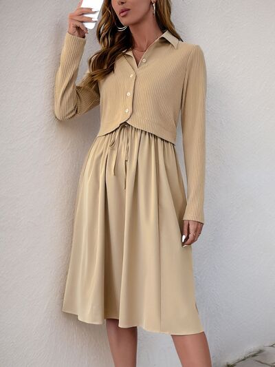 Perfee Fake Two Piece Collared Neck Long Sleeve Midi Dress