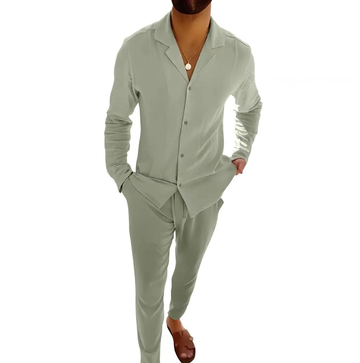 Men's Cotton Long Sleeve Lapel Shirt & Slim Fit Pants Set