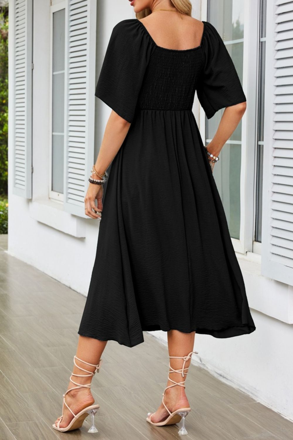 Smocked Tie Front Flutter Sleeve Midi Dress