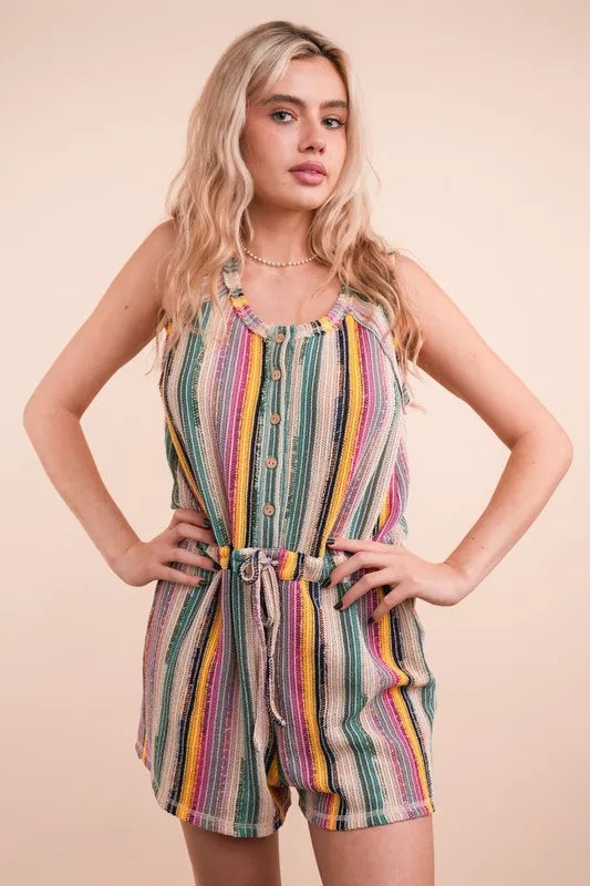 VERY J Crochet Multi Color Striped Casual Summer Romper