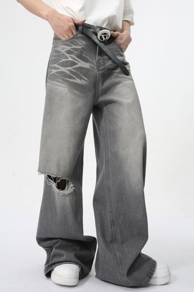 Distressed Wide Leg Jeans With Pockets