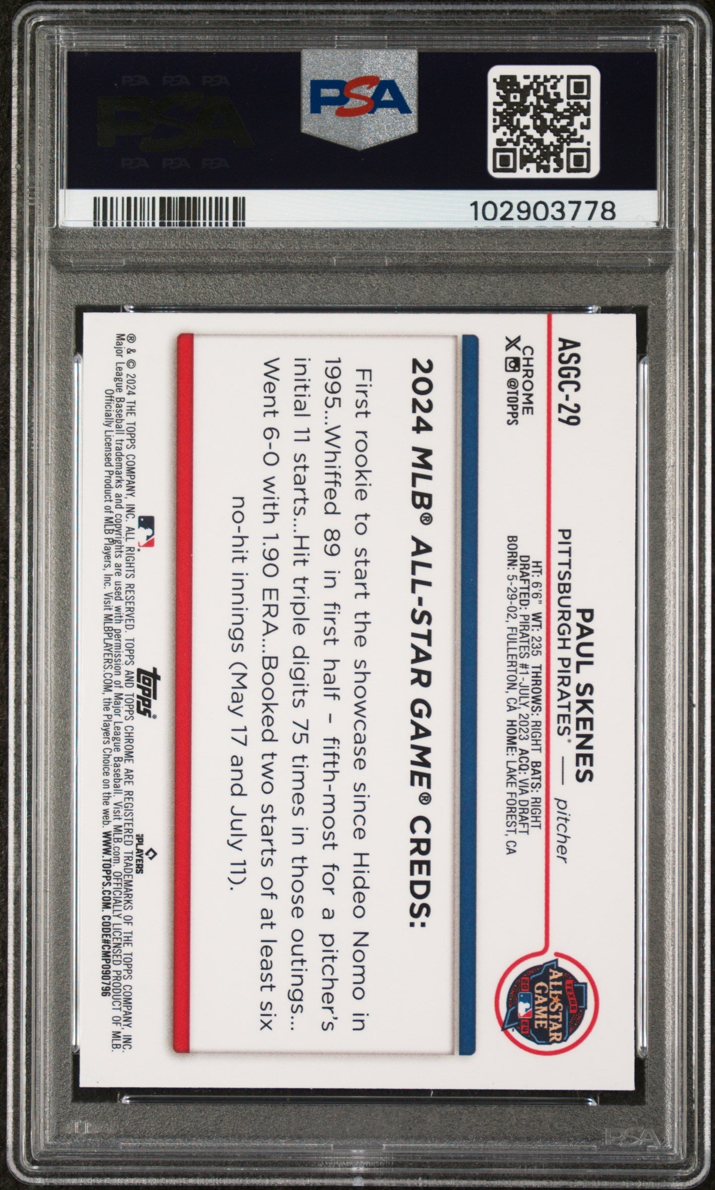 Graded 2024 Topps Chrome Update Paul Skenes #29 2024 All Star Game Rookie RC Baseball Card PSA 10 Gem Mint