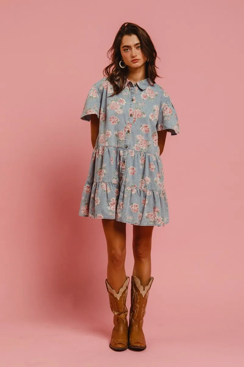 BiBi Floral Print Washed Lightweight Tiered Shirt Dress