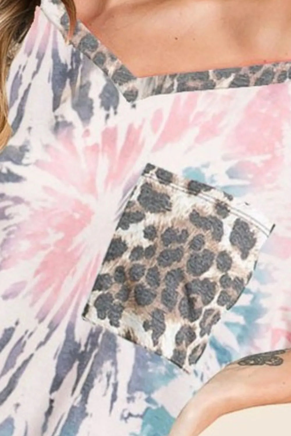 BiBi Tie Dye Print V Neck Top with Front Patch Pocket