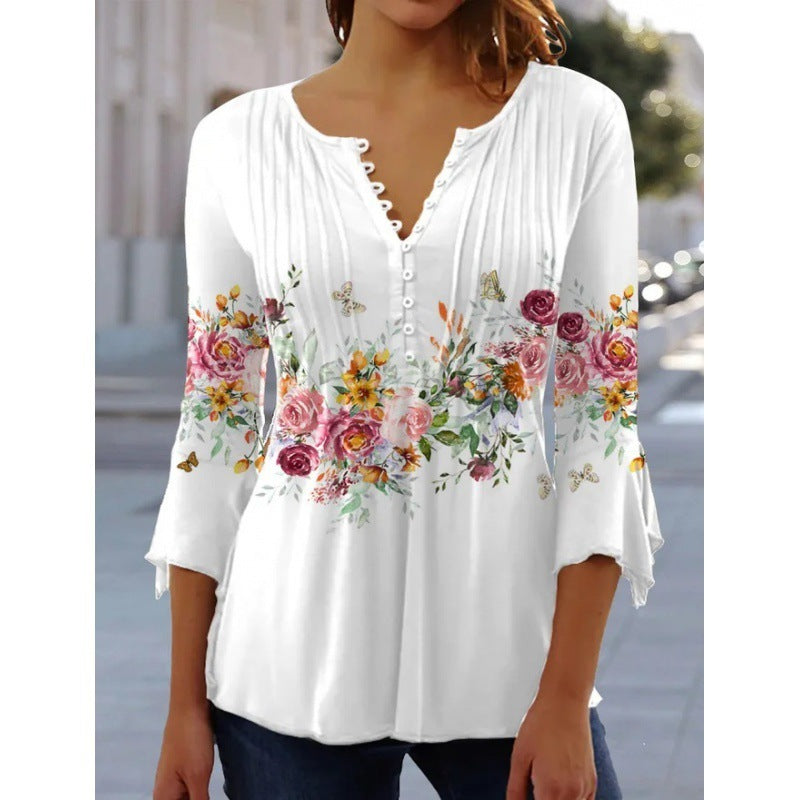 Floral V-Neck Pleated Top - 3/4 Sleeve Button Front Blouse