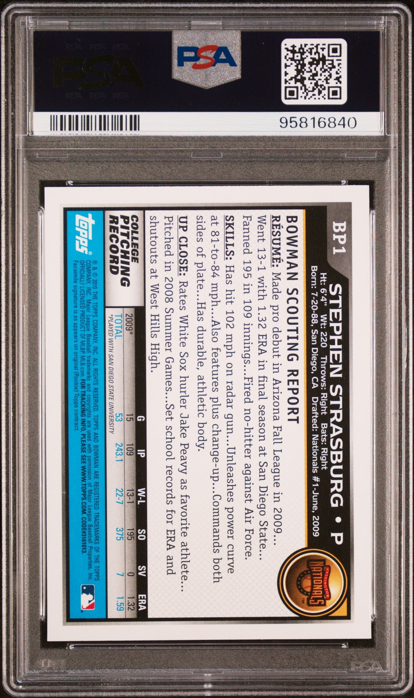 Graded 2010 Topps Bowman Prospects Stephen Strasburg #BP1 Rookie RC Baseball Card PSA 10 Gem Mint