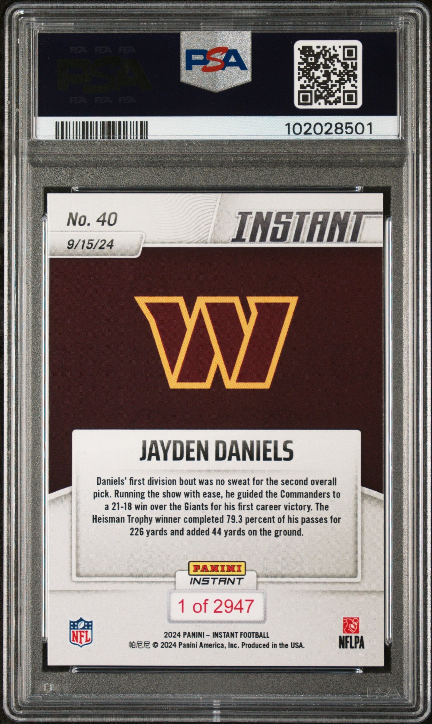 Graded 2024 Panini Instant NFL Jayden Daniels #40 Rookie RC Football Card PSA 10 Gem Mint