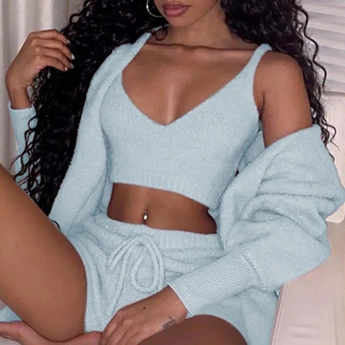 Ultra-Soft Velvet Pajama Set - 3-Piece Cropped Tank Shorts Cardigan