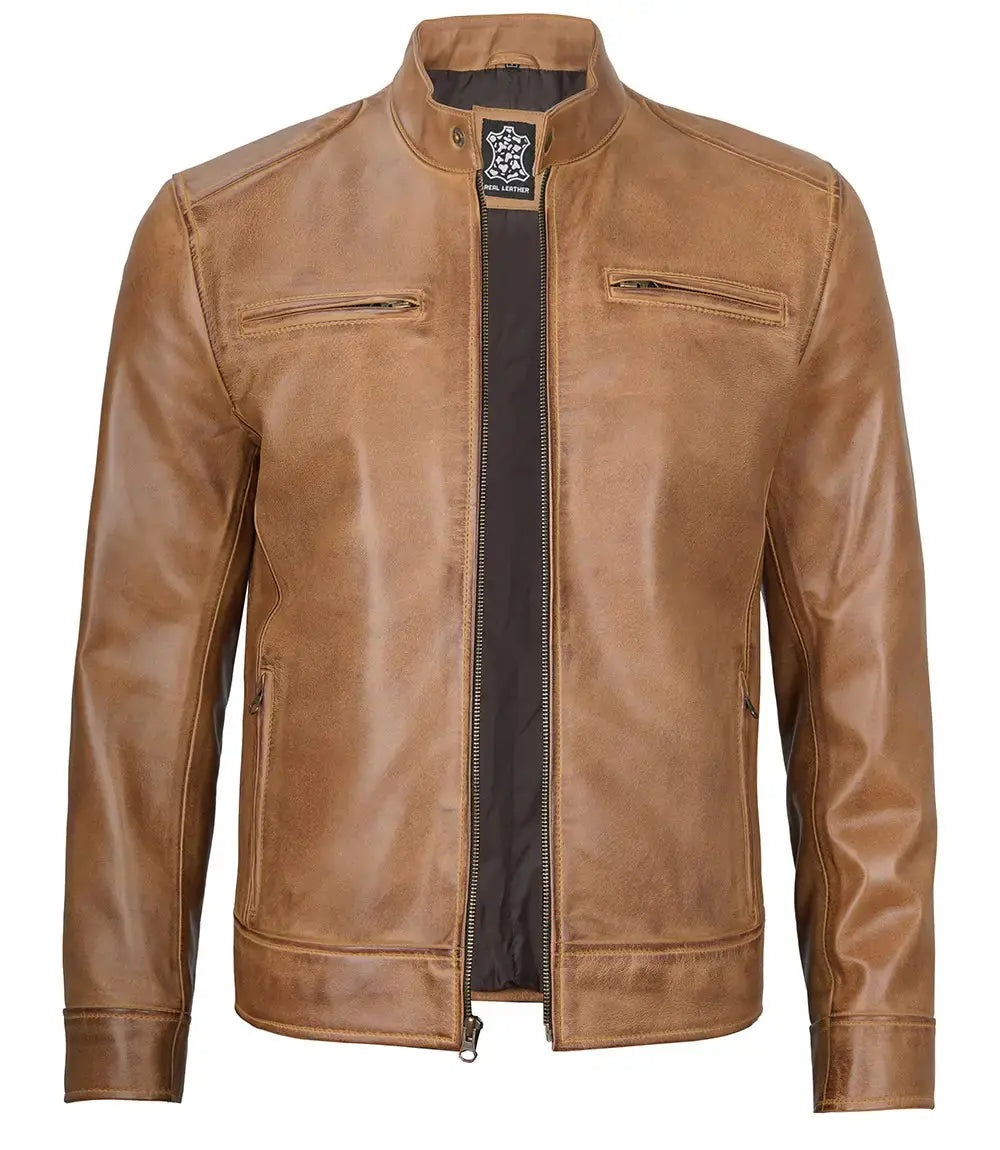 Dodge Men's Camel Leather Cafe Racer Jacket