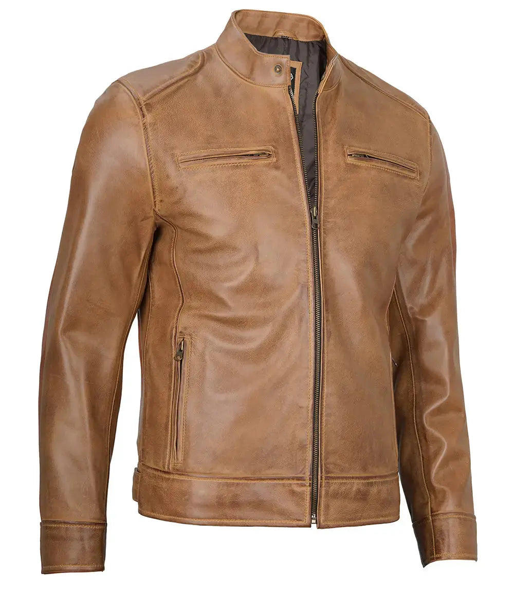Dodge Men's Camel Leather Cafe Racer Jacket