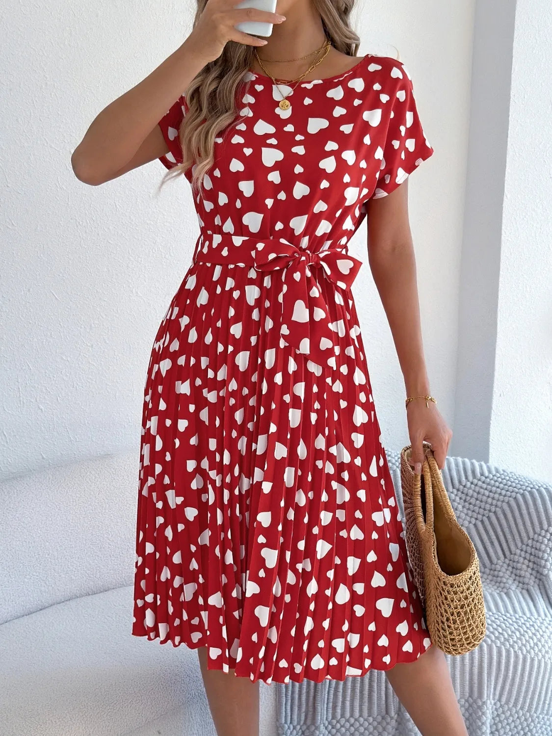 Heart Print Short Sleeve Tie Waist Dress