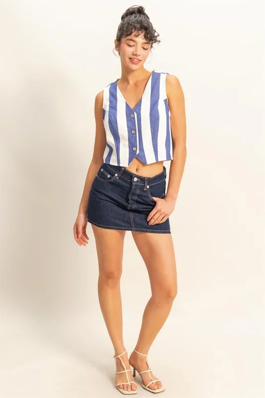 HYFVE Woven Striped V-Neck Button Down Vest