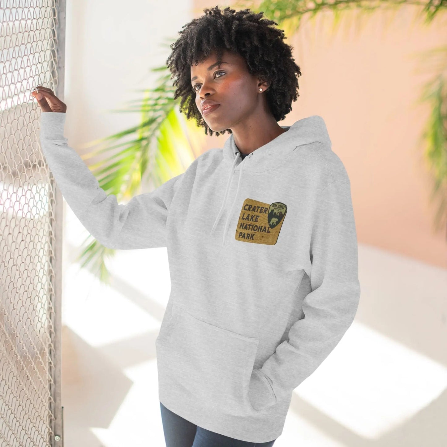 Crater Lake National Park Unisex Fit Fleece Hoodie Scenic View Graphic Wooden Mountain Sign