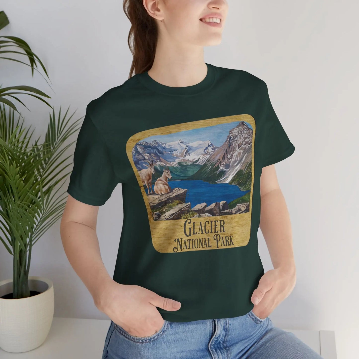 Glacier National Park Unisex Fit Short Sleeve T-Shirt Wood Sign