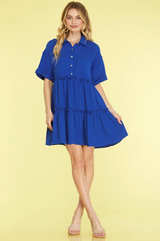 She Sky Full Size Button Front Frill Tiered Mini Dress Plus Size
