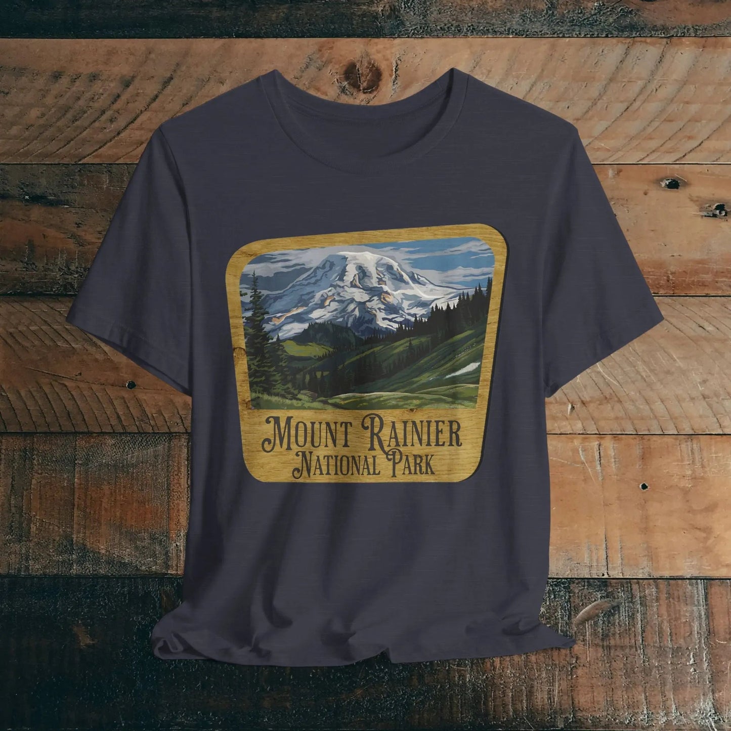 Mount Rainier National Park Unisex Fit Short Sleeve T-Shirt Wood Sign