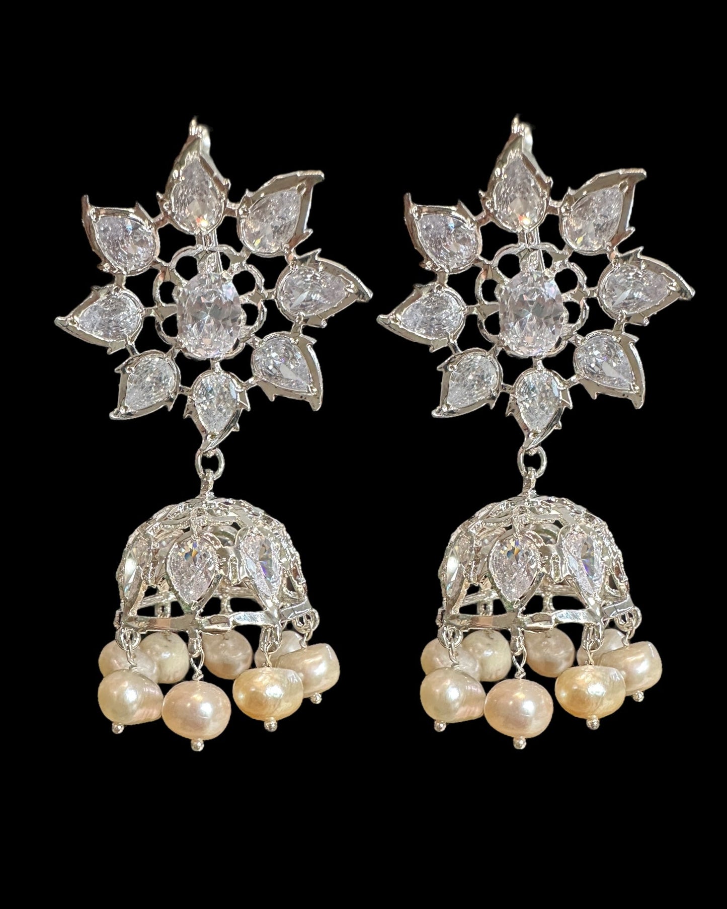 DER607 ✨ Evelyn Silver-Plated Karanphool Jhumka – With Pearls & High-Quality Zircon ( Ready to Ship )