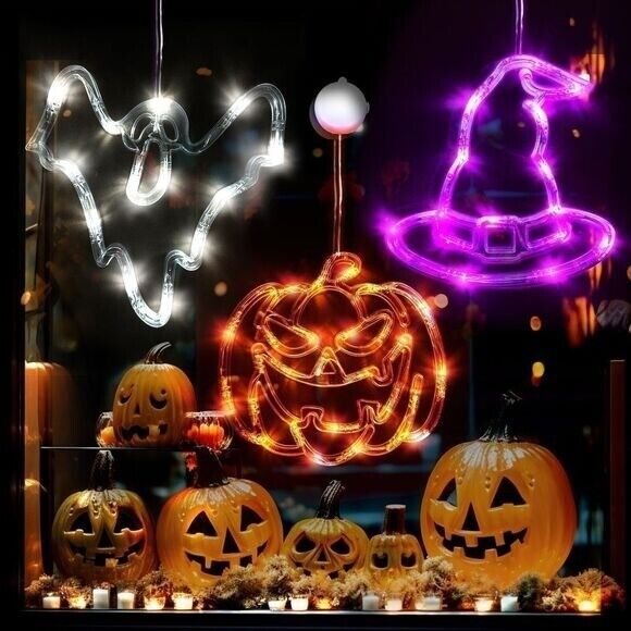 Halloween Pumpkin Bat Witch Lights 3 Pack with Suction Cup Window Decorations